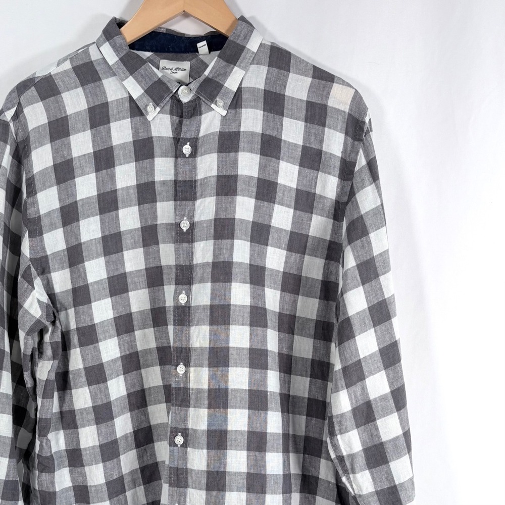 Baird McNutt Linen Murano Slim Button Down Shirt Grey Gingham Fit XL J.Crew‎